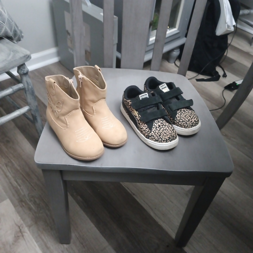 Tan Boots Children's Place Sii (9C)and Black Pumas Size (10) Kids Shoes Set